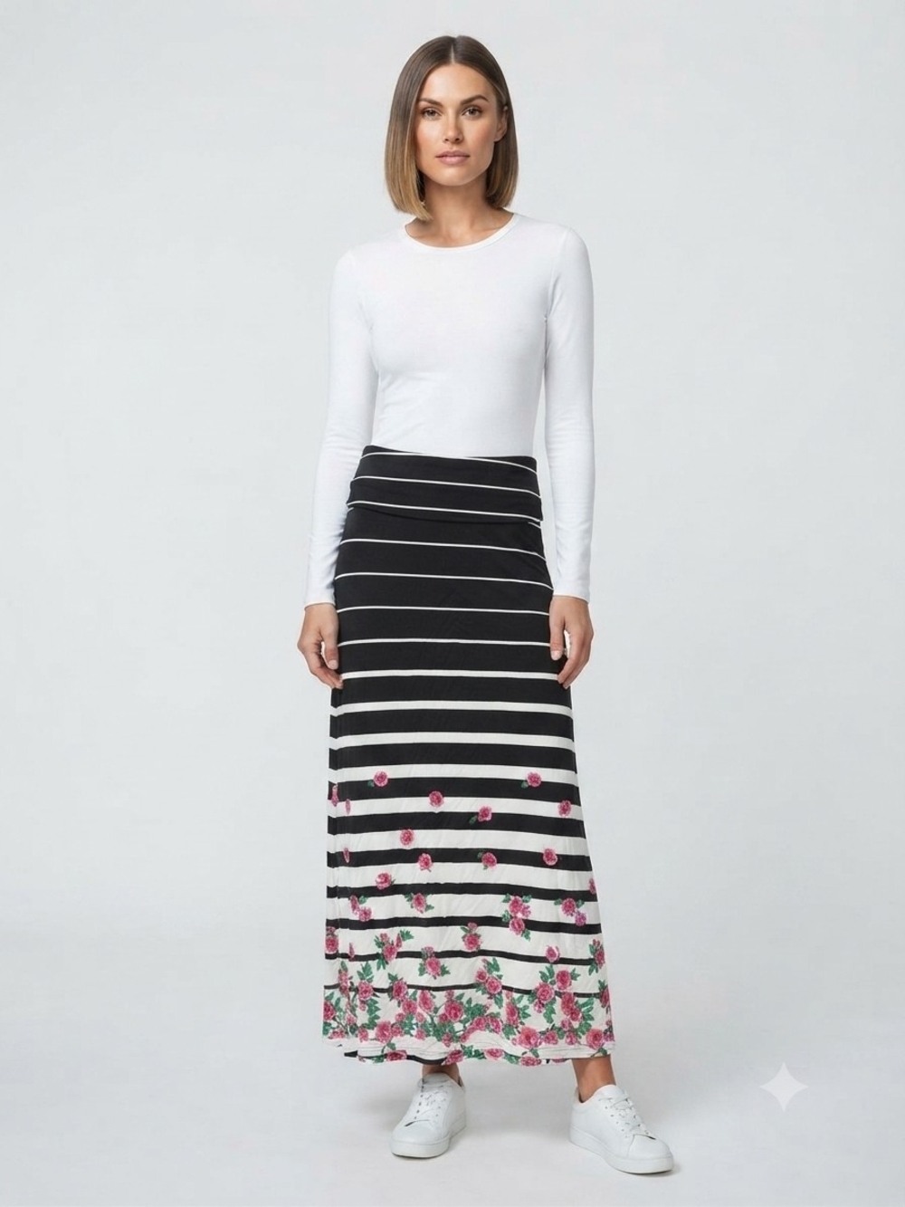 Women’s Black & White Striped Floral Maxi Skirt Up To Size 3KL